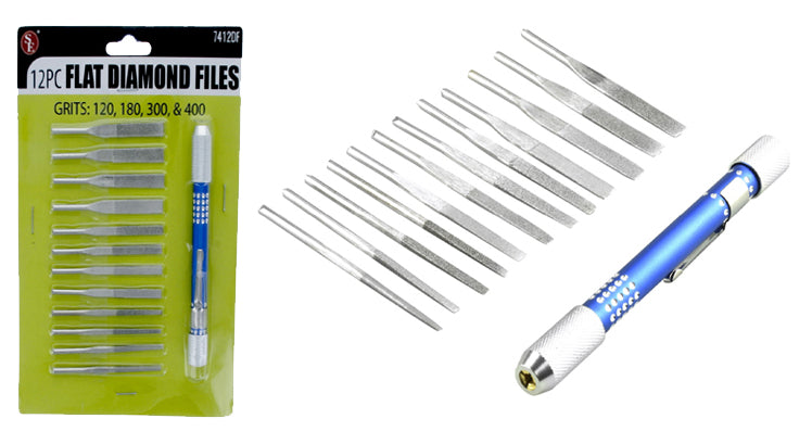 Juego de 12 limas de diamante planas con mango universal y clip de bolsillo (granos: 120, 180, 300 y 400)