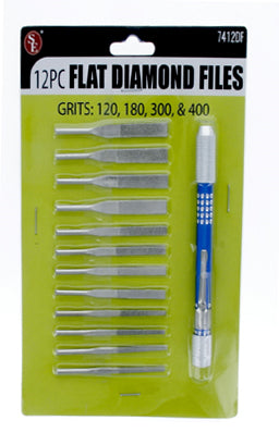 Juego de 12 limas de diamante planas con mango universal y clip de bolsillo (granos: 120, 180, 300 y 400)