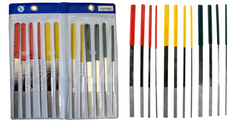 Juego de 12 limas de diamante con mango plano sumergido de 7" (180 mm) con granos 180, 240 y 360
