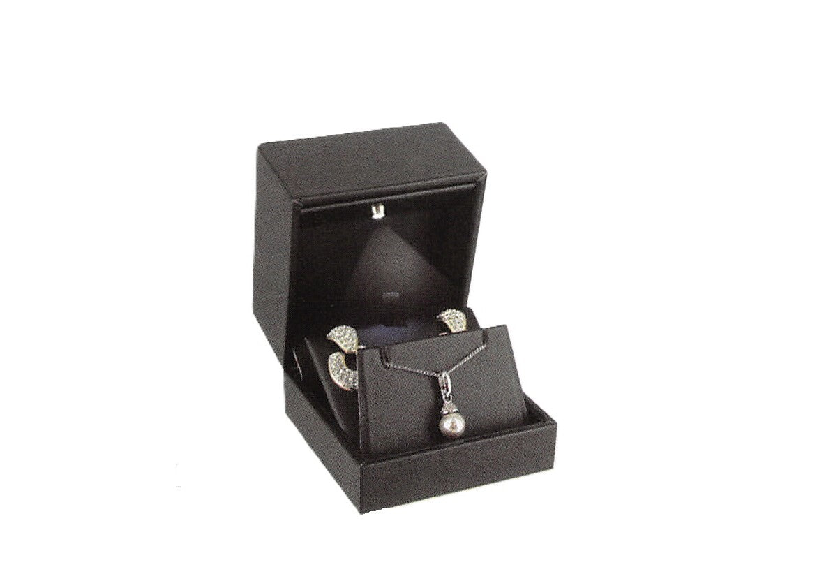 Caja de cuero sintético negra con tapa extra alta y luces LED