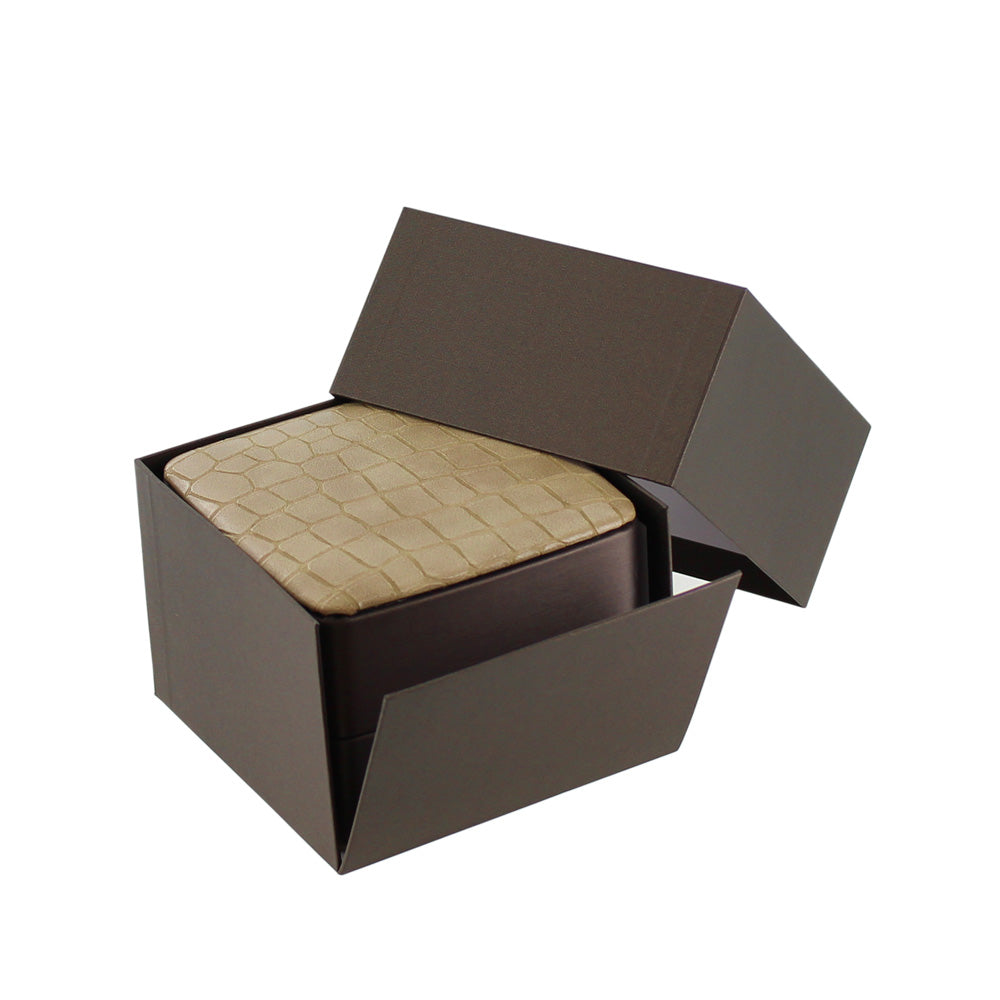 Caja marrón metalizada con forma de onda LED y parte superior e inferior de imitación de piel de cocodrilo
