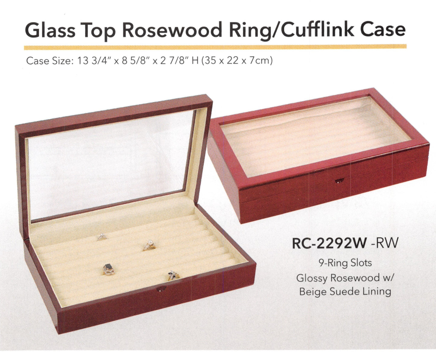 Estuche para anillos y gemelos de palisandro con tapa de cristal