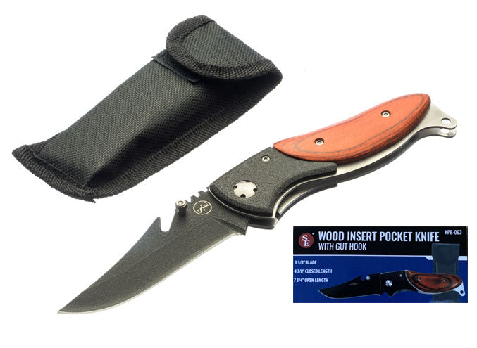 4.3/8?ǥ Wood Insert Pocket Knife with Gut Hook Blade, Nylon Pouch Included