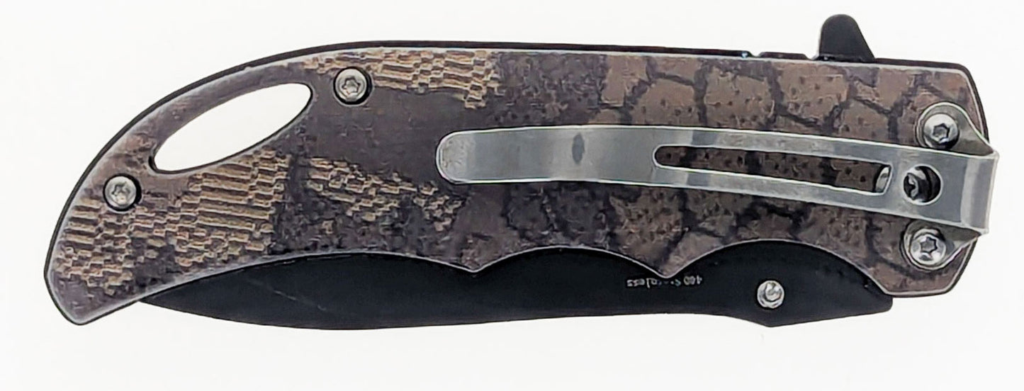 Navaja de bolsillo con punta caída, diseño de camuflaje electrónico asistido por resorte de 4", con clip de bolsillo y orificio para cordón