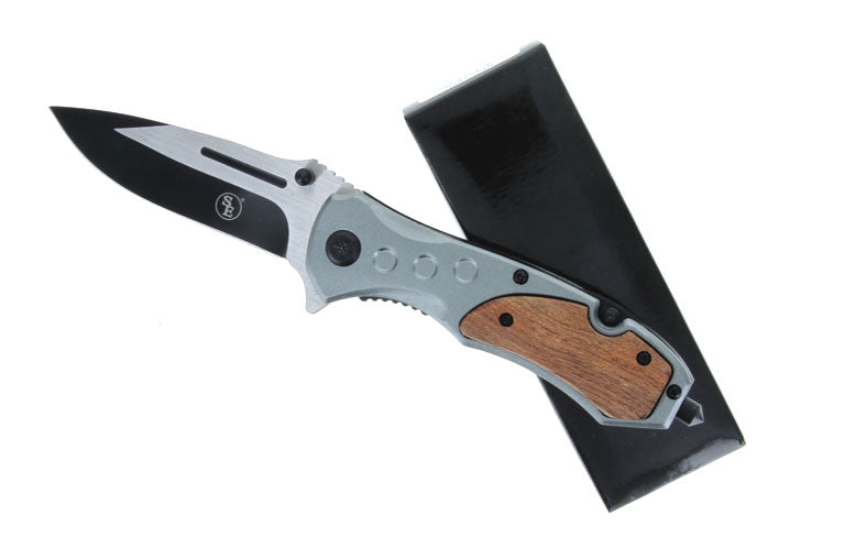 Navaja de bolsillo con resorte, asistida por resorte, con mango de madera, clip y rompeventanas, de 4,5"