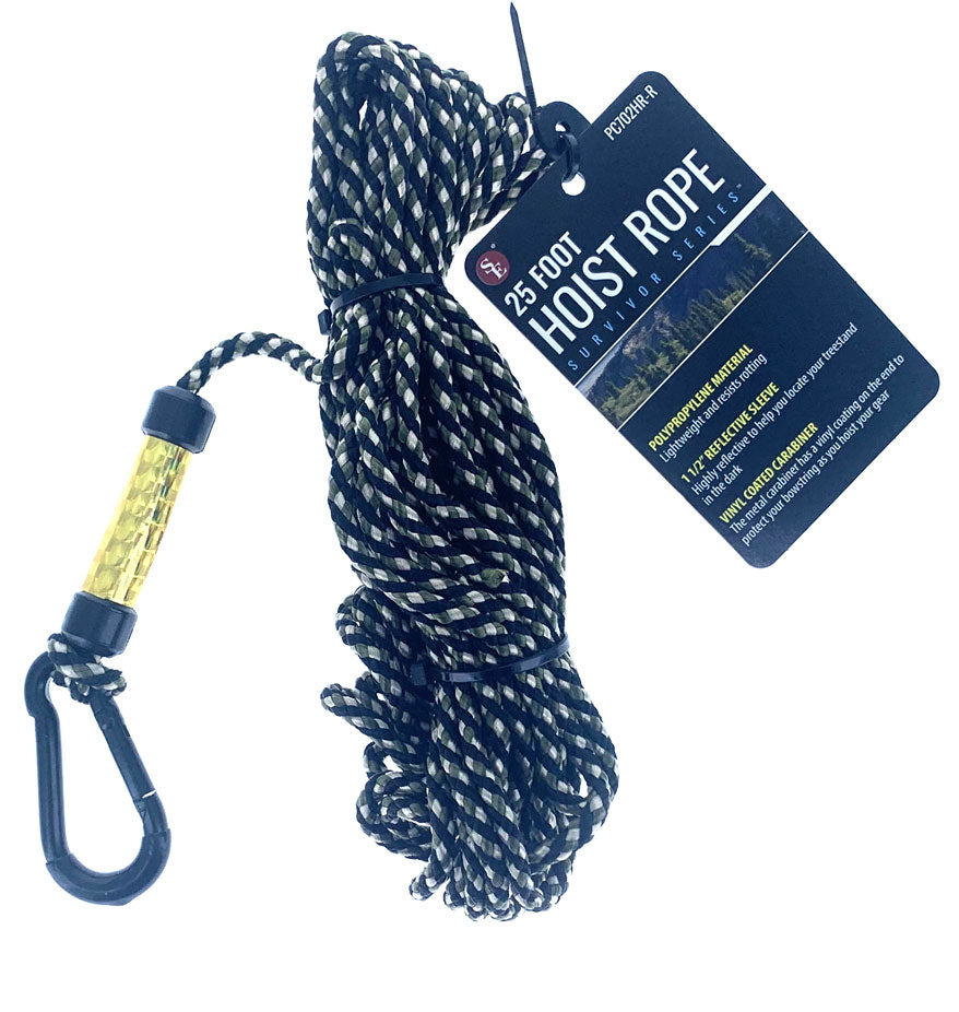 Cuerda de izado de polipropileno camuflada de 25' con funda reflectante de 1,1/2" y mosquetón revestido de vinilo