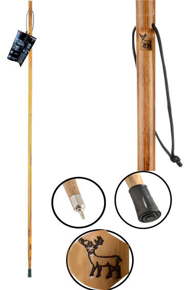 Bastón de senderismo con diseño de ciervo de cola blanca quemada de 55", correa de mano de paracord negra, cubierta de punta de goma, punta de hierro