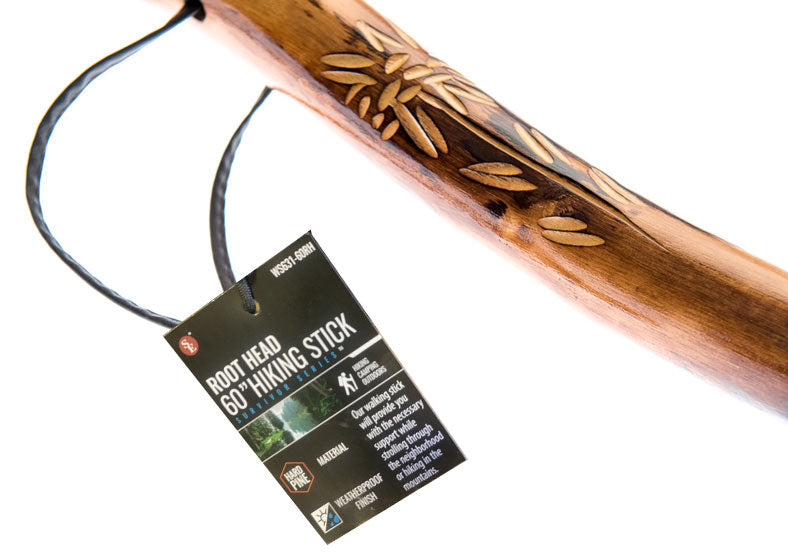 Bastón de madera para caminar o hacer senderismo con cabeza de raíz y punta de metal para una mejor tracción
