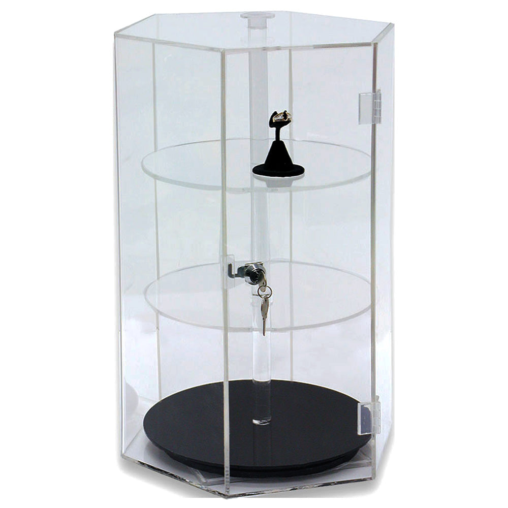 Acrylic Cases — Round Revolving, 3 Shelves — 12" Dia. x 18 1/8" H — Clear