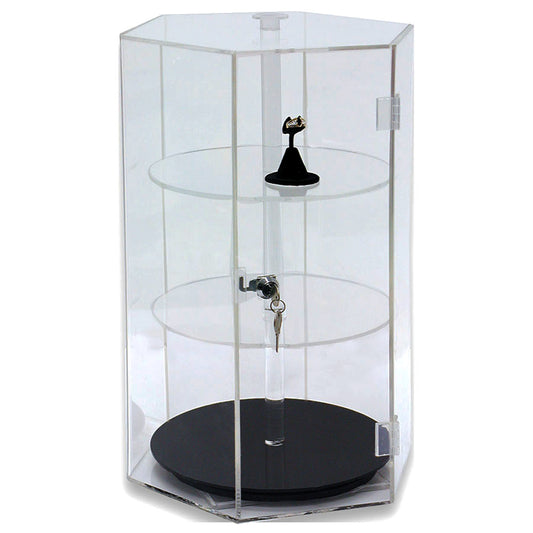 Acrylic Cases — Round Revolving, 3 Shelves — 12" Dia. x 18 1/8" H — Clear