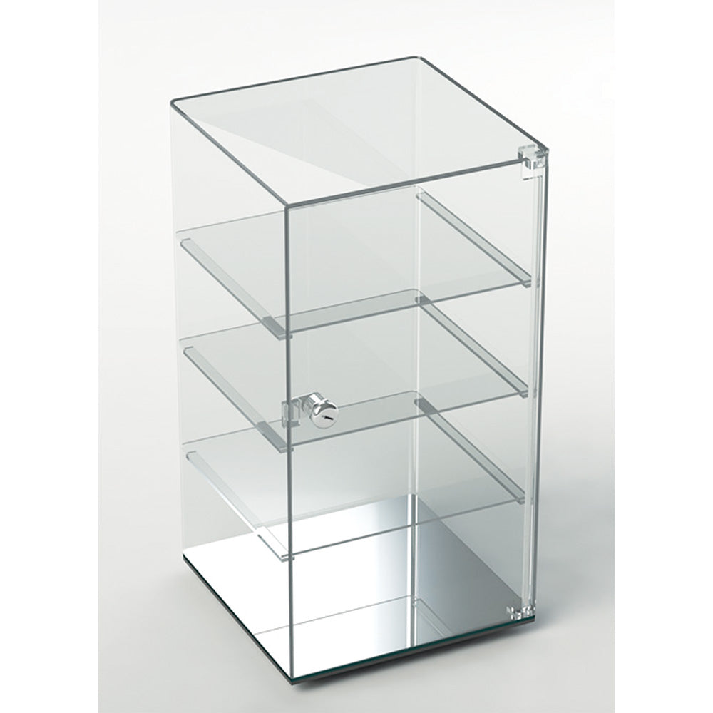 Acrylic Cases — Square Revolving, 3 Shelves, Mirror Bottom — 10 x 10 x 19" H — Clear