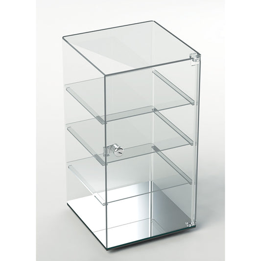 Acrylic Cases — Square Revolving, 3 Shelves, Mirror Bottom — 10 x 10 x 19" H — Clear