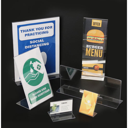 Clear Acrylic Sign Holders — Portrait — 5 1/2 x 8 1/2" (140 x 216mm) — Single Sided Slant Back