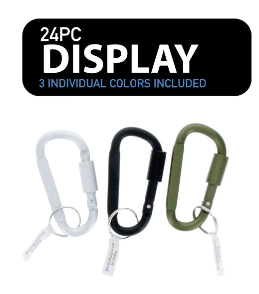 24-Piece Display of Aluminum Locking Carabiners,(3"x 8mm) Assorted colors-Green, Black and Silver