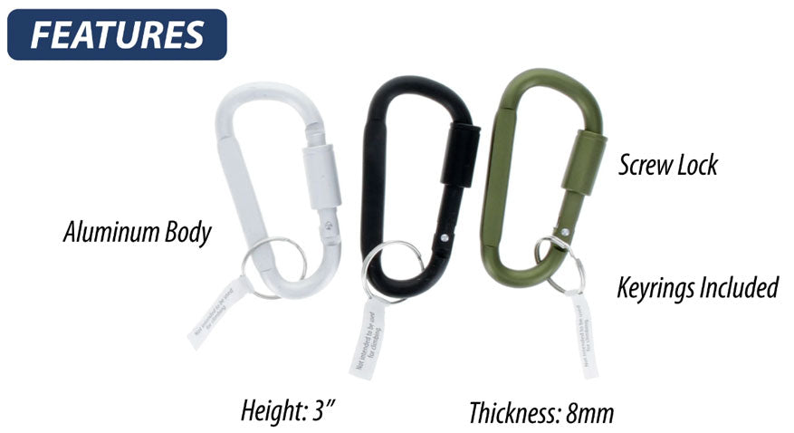 24-Piece Display of Aluminum Locking Carabiners,(3"x 8mm) Assorted colors-Green, Black and Silver