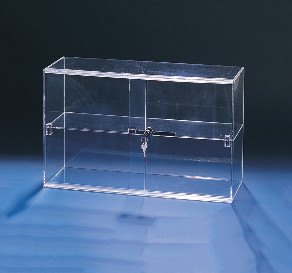 Acrylic Showcases w/ Lock — Sliding Doors, 2 Shelves — 21 1/4 x 7 1/2 x 13 1/4" H — Clear