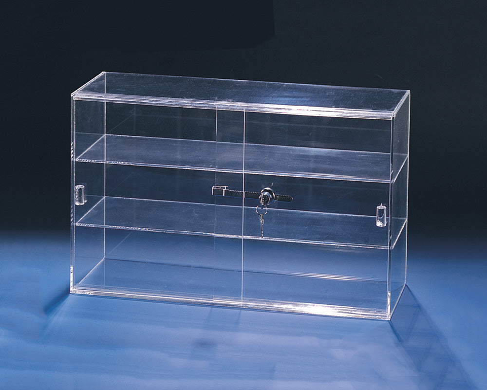 Acrylic Showcases w/ Lock — Sliding Doors, 3 Shelves — 21 1/4 x 7 1/2 x 13 1/4" H — Clear
