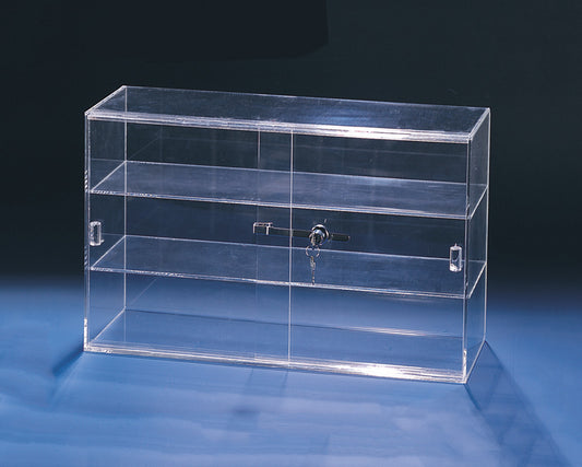 Acrylic Showcases w/ Lock — Sliding Doors, 3 Shelves — 21 1/4 x 7 1/2 x 13 1/4" H — Clear