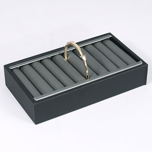 Slotted Tray — 21 Slot — 14 3/4 x 4 1/4 x 1 1/2" H — Steel Grey Faux Leather w/ Black Trim