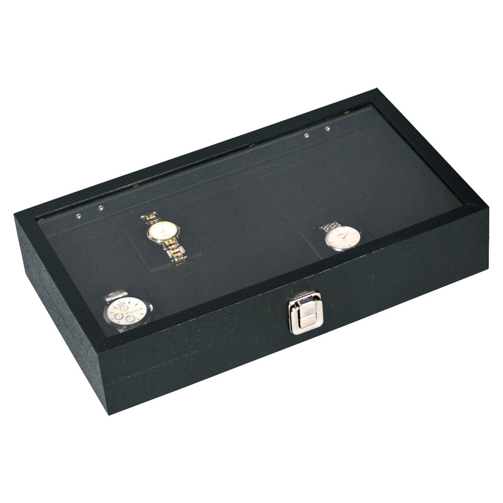 Glass-Top Wooden Watch Case — 3" H — 14 3/4 x 8 1/4" (37.5 x 21 x 7.6cm) — Black