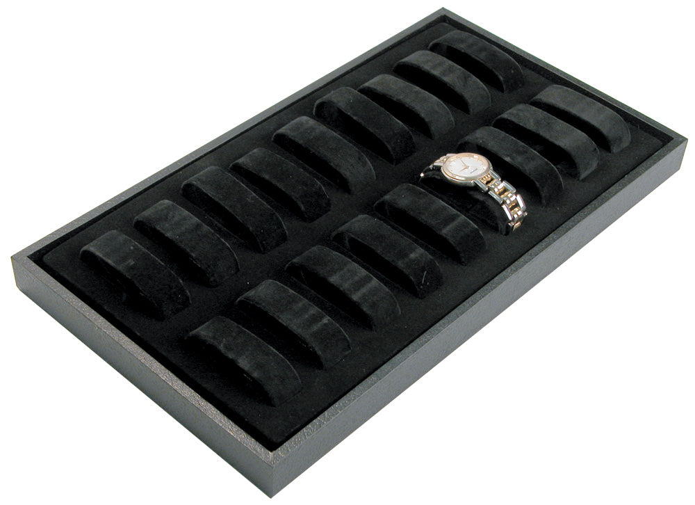 Standard Watch Trays With Watch Collars — Black Leatherette Wooden — 18 Collars