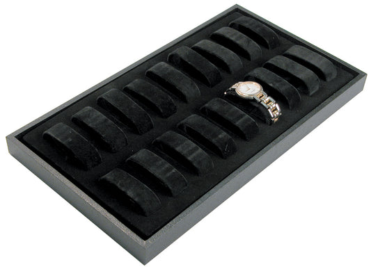 Standard Watch Trays With Watch Collars — Black Leatherette Wooden — 18 Collars
