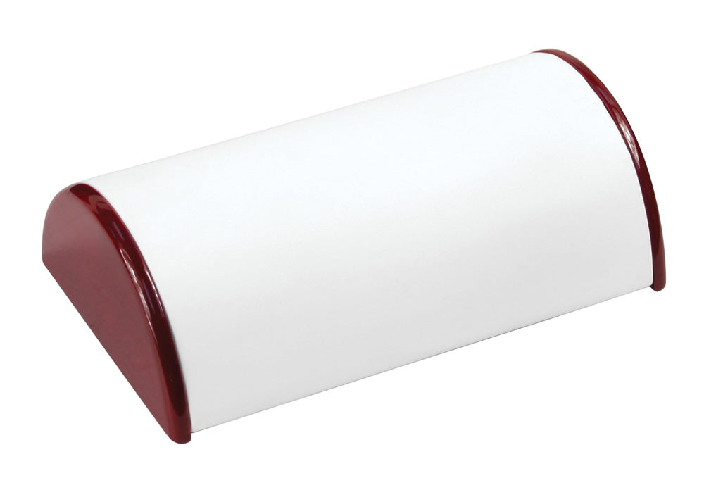 Rosewood Trim Bracelet Display — 8 1/4 x 5 x 2 1/2" H (210 x 127 x 63mm) — White Faux Leather w/ Rosewood Trim