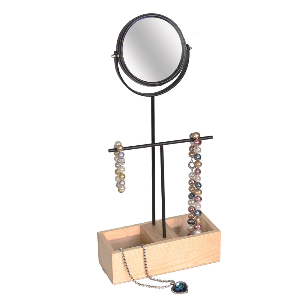 Black Metal With Natural Wooden Base Display — Mirror/Necklace/Bracelet — 8 5/8 x 3 3/4 x 18 3/4" H — Black Metal w/ Natural Wood