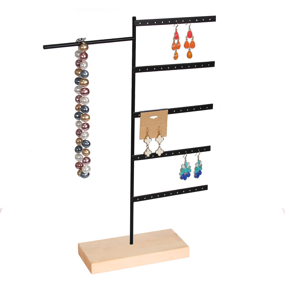 Black Metal With Natural Wooden Base Display — Earring/Necklace — 6 3/4 x 2 3/4 x 17 1/2" H — Black Metal w/ Natural Wood