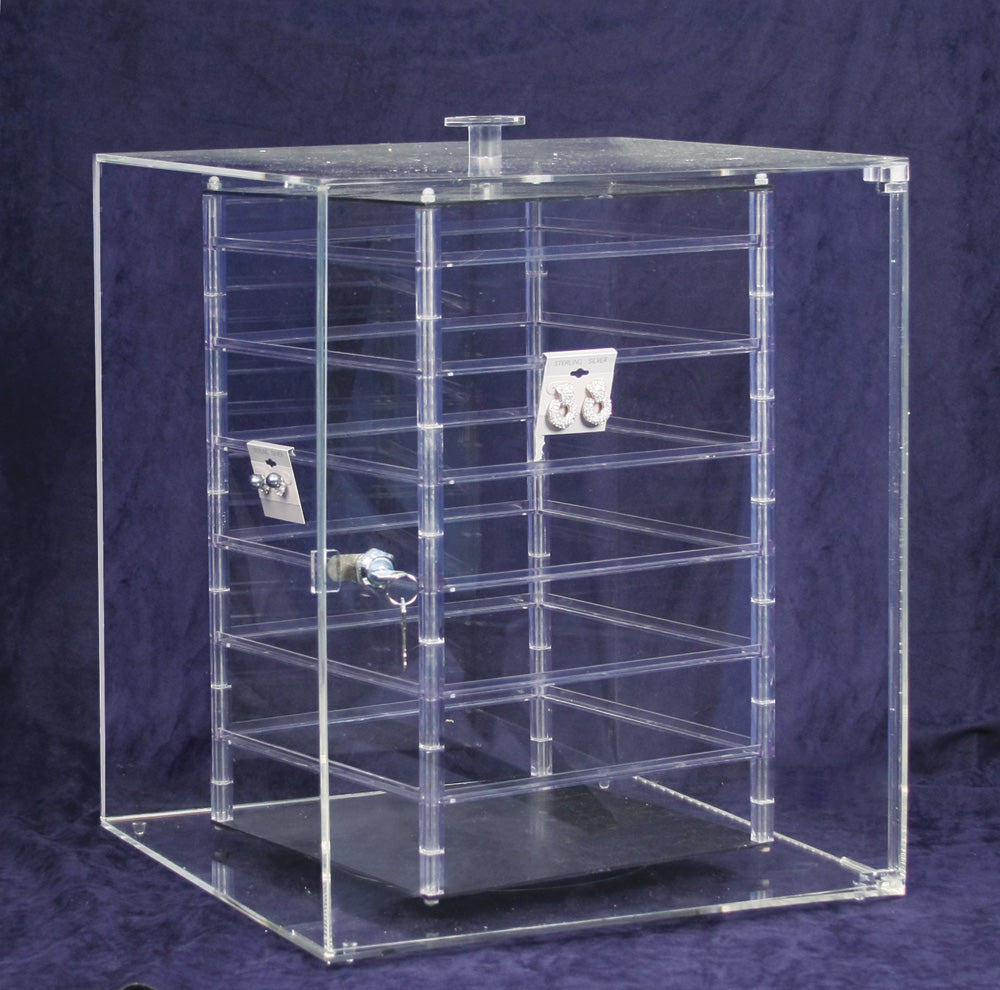 Rotating Acrylic Case for Hanging Earring Card — Holds 96 pcs — 15 1/4 x 15 1/4 x 19" H — Clear Acrylic