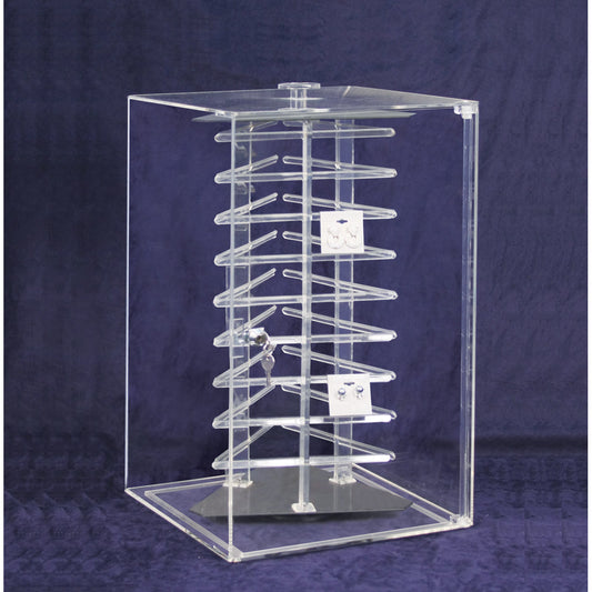 Rotating Acrylic Case for Hanging Earring Card — Holds 108 pcs, 3-sided — 12 1/2 x 12 1/2 x 21 1/2" H — Clear Acrylic