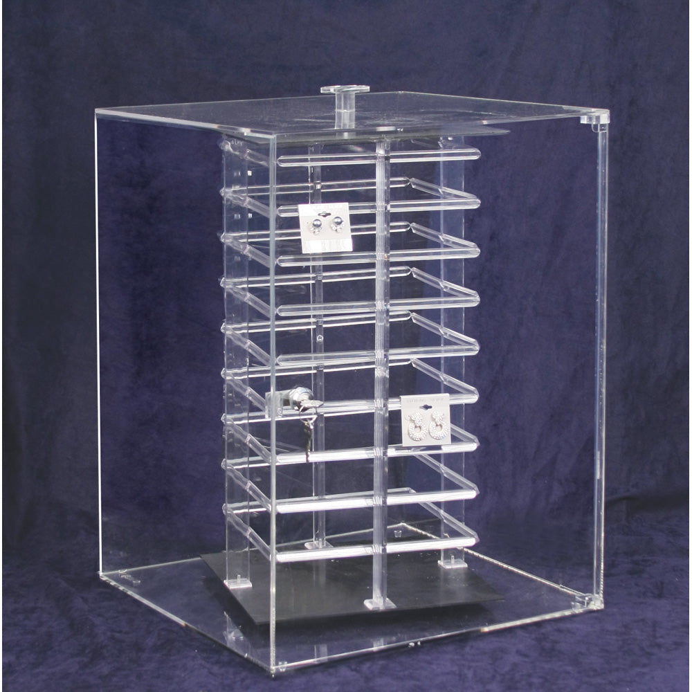 Rotating Acrylic Case for Hanging Earring Card — Holds 144 pcs, 4-sided — 15 1/4 x 15 1/4 x 21 1/2" H — Clear Acrylic