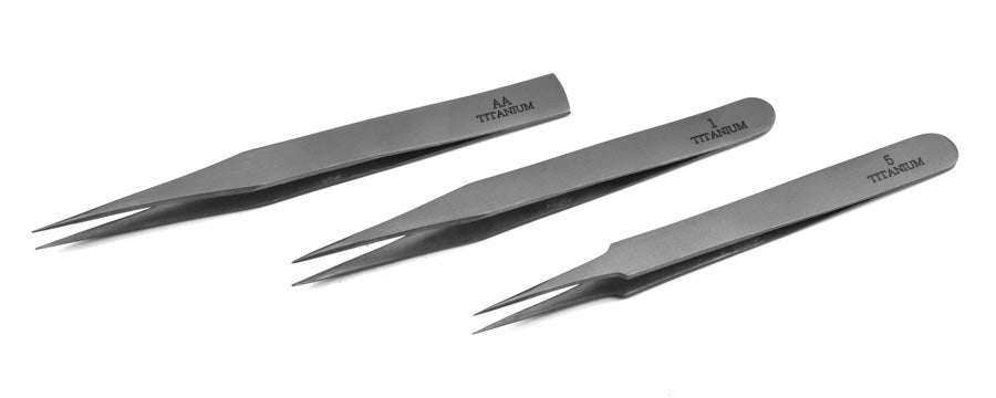 3-piece set of Professional Quality Titanium Tweezers, consists of Tweezer # 5, 1 & AA, India