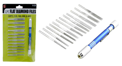 12-piece Flat Diamond File Set with Universal Handle & Pocket Clip,(Grits-120,180,300 & 400)