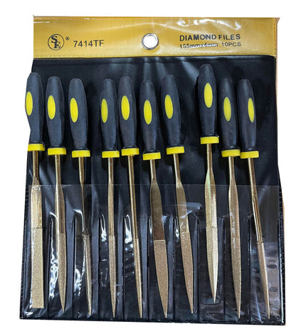 10-piece set of 6-1/8" Titanium Coated Diamond Files with Handle (4mm x 155mm )