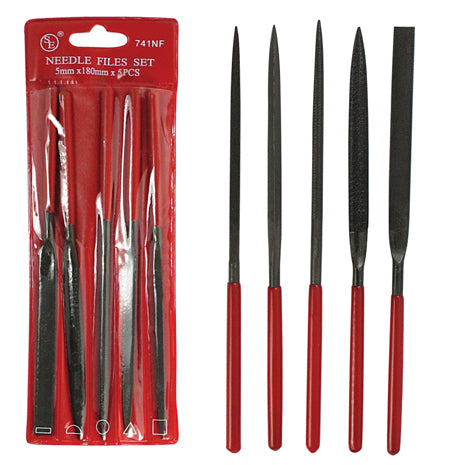 5-piece set of 7" Medium Cut Needle Files with Dipped Handle (5mm x 180mm)