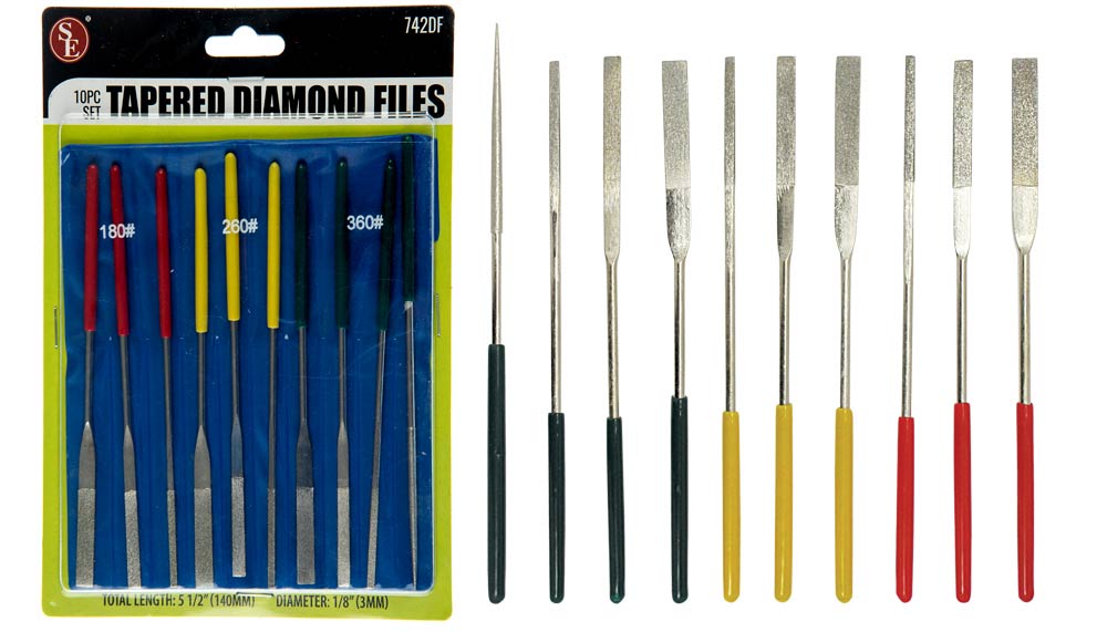 10-piece set of 5-1/2" Tapered Diamond Needle Files with Dipped Handle with Grit-180, 240 & 360