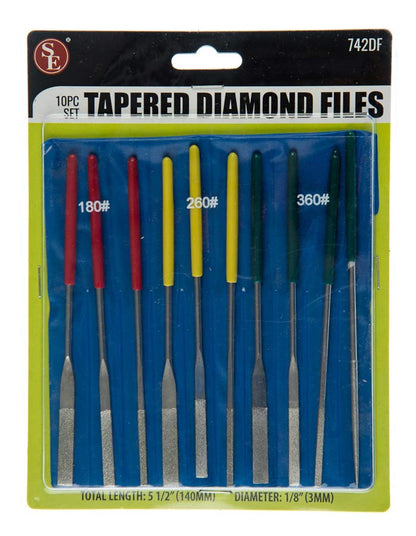 10-piece set of 5-1/2" Tapered Diamond Needle Files with Dipped Handle with Grit-180, 240 & 360