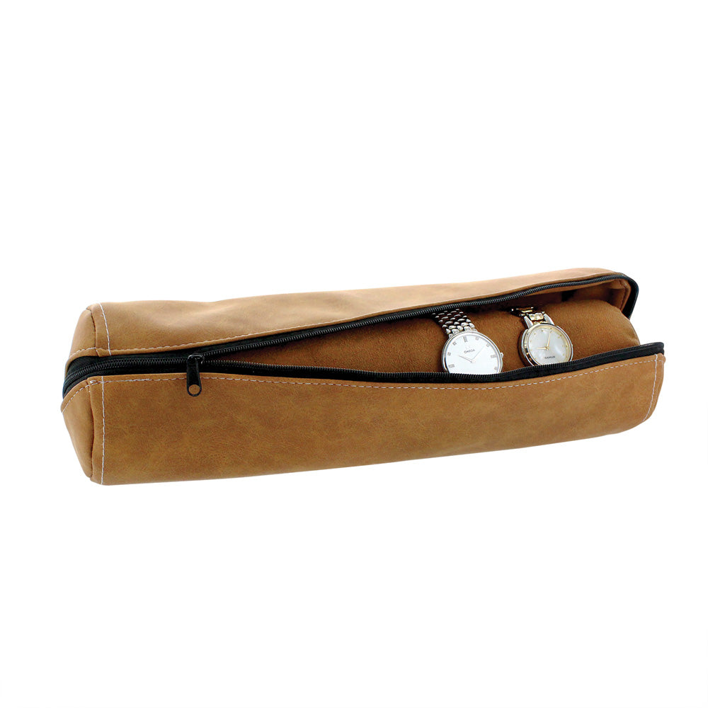 Jewelry Roll w/ Zipper Pouch — Chestnut Faux Leather w/ Suede Insert