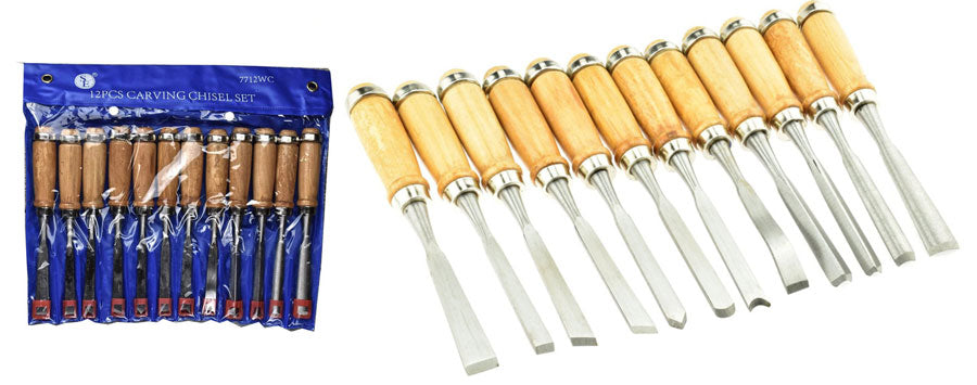 12-piece set of 7-3/4" Professional Quality Wood Carving Chisels, featuring assorted tip shapes and sizes