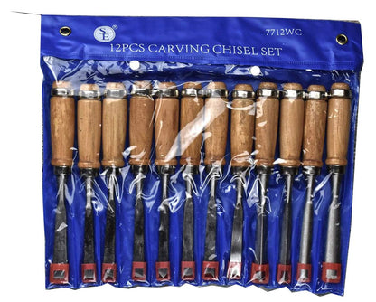 12-piece set of 7-3/4" Professional Quality Wood Carving Chisels, featuring assorted tip shapes and sizes