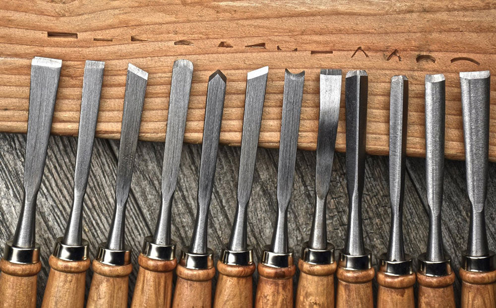 12-piece set of 7-3/4" Professional Quality Wood Carving Chisels, featuring assorted tip shapes and sizes