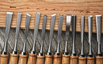 12-piece set of 7-3/4" Professional Quality Wood Carving Chisels, featuring assorted tip shapes and sizes