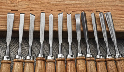 12-piece set of 7-3/4" Professional Quality Wood Carving Chisels, featuring assorted tip shapes and sizes