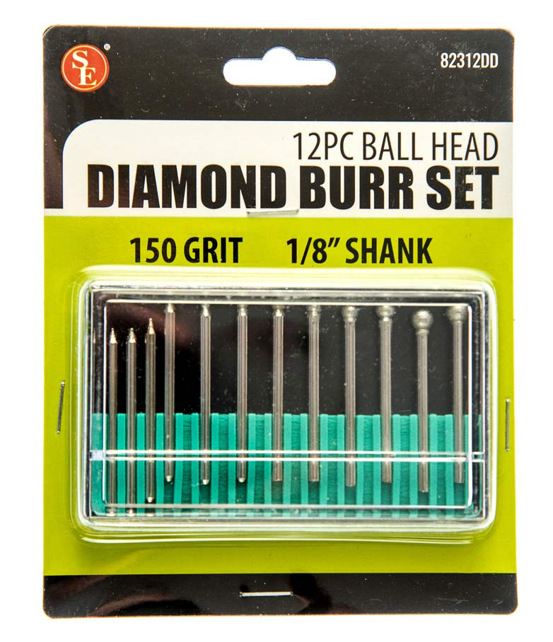 12-piece High Quality Ball Round Head Diameter Bur Set: Grit 150, Assorted Head Sizes: 1/32"-1/4"