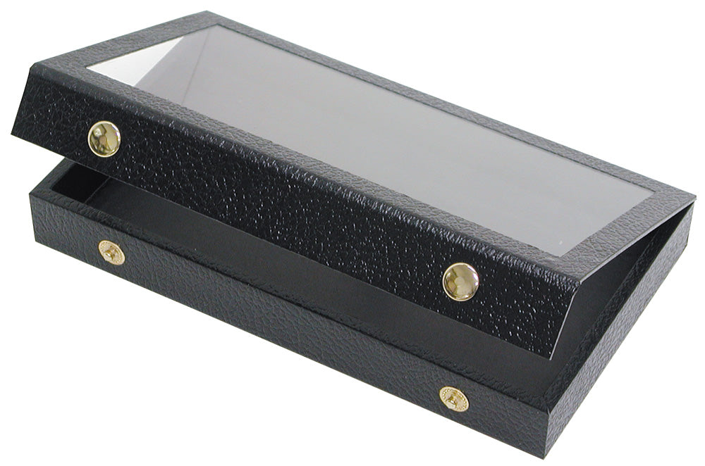 Black Leatherette Cases — F. 6 x 3 3/4 x 1 1/8" (15.2 x 9.5 x 3cm) — Attached Lid — Snap-Close Acrylic Top