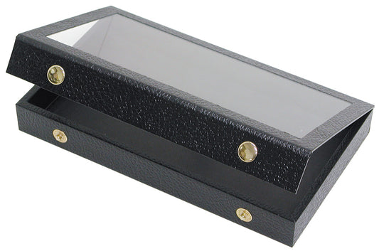 Black Leatherette Cases — F. 6 x 3 3/4 x 1 1/8" — Attached Lid — Snap-Close Acrylic Top