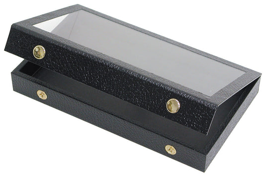 Black Leatherette Cases — I. 14 3/4 x 8 1/4 x 1 1/8" (37.5 x 21 x 3cm) — Attached Lid — Snap-Close Acrylic Top