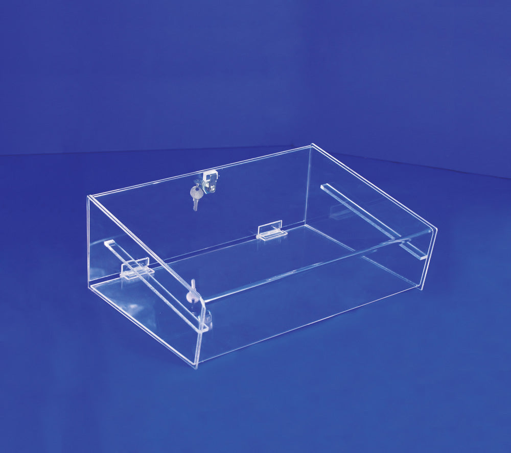 Acrylic Full Size Tray Holders — Hinged Door w/ Lock — 15 1/4 x 10 1/2 x 3 1/4"~5 1/2" H — Clear