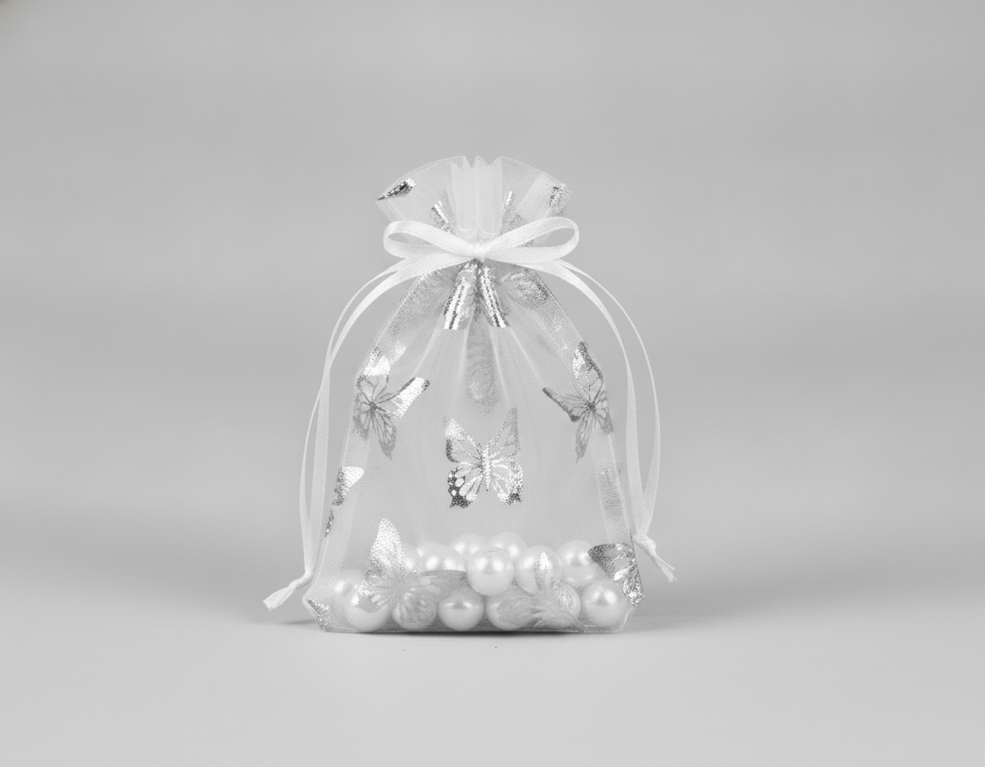 Sheer Organza Drawstring Pouch — Assorted Sheer Pouch w/ Foil Butterfly — 1.75 x 2 in